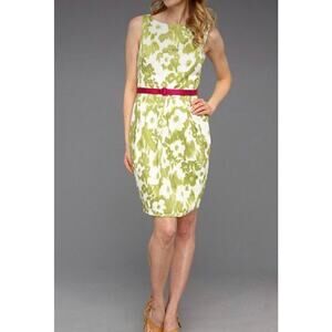 Eliza J Women's Dress Sleeveless Green Floral Pink Belt Flare Pleated Size 8P